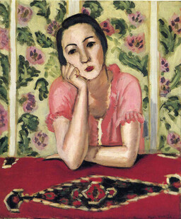 红衣托腮女子油画