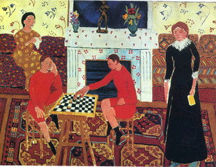 室内下棋人物油画