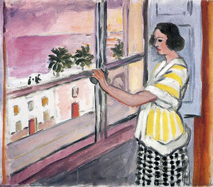 窗边观景女子油画