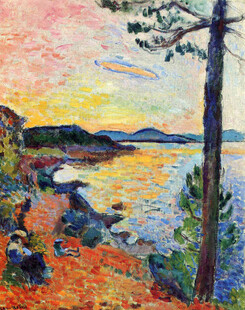 日落海岸点彩风景油画