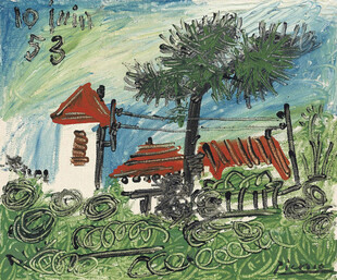 乡村红顶小屋风景油画