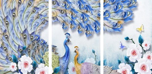 孔雀花卉三联装饰画