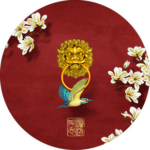国潮红底传统花鸟门环图案