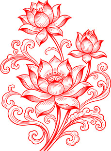 红色线描莲花传统纹样