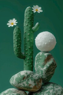 仙人掌花与禅意叠石