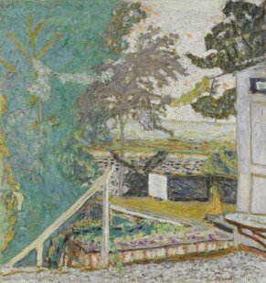 庭院泳池点彩风景油画
