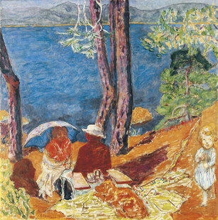 湖边野餐风景油画