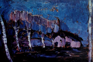 夜色乡村小屋油画