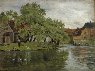 河畔乡村风景油画