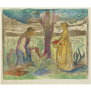 树下劳作女子版画