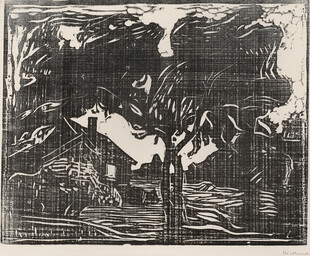 黑白林间风景木刻版画
