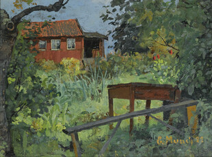 林间红屋乡村风景油画