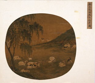 柳岸牧牛古团扇画