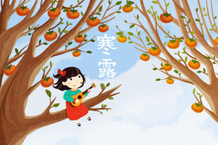 寒露柿子树童趣插画