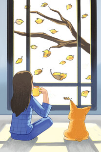 秋日窗边女孩与猫