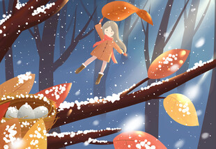 冬雪林间少女插画