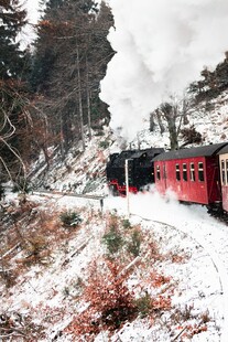 雪林间行驶的红色火车