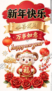 新年快乐萌羊贺岁插画