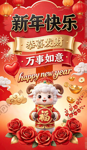羊年新春快乐祝福海报