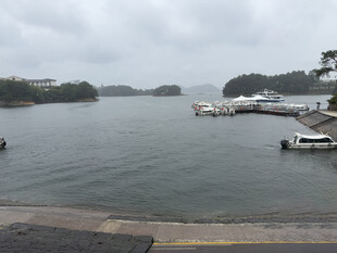 阴天湖湾游船停泊风光