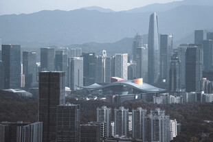 雾中城市建筑群远景