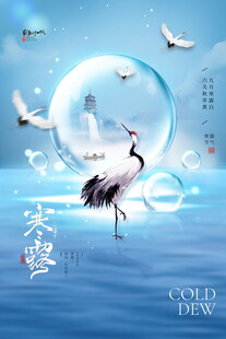 寒露节气仙鹤创意海报