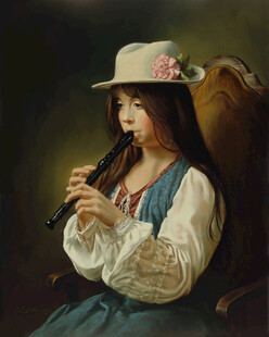 吹竖笛的少女油画