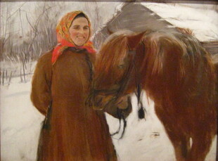 雪地牵马女子油画