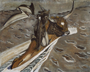 公牛涉水渡河油画