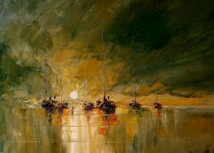 湖面夕照风景油画