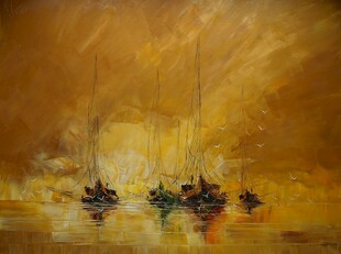 夕照海面帆船油画
