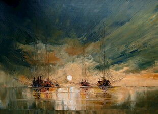 海上落日帆船风景油画