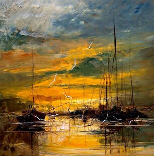 夕照港湾帆船油画