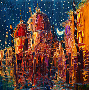 雪夜欧式小镇夜景油画