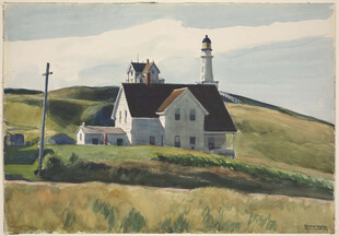 郊野灯塔小屋风景油画