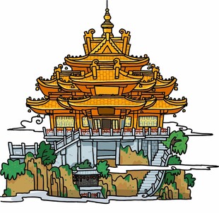 中式古建金色楼阁插画