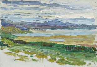 湖岸郊野风景油画