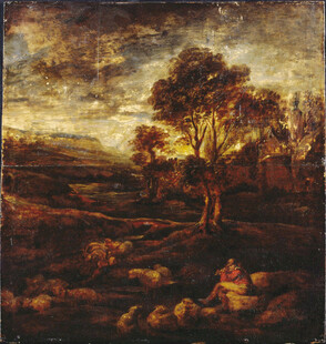 黄昏郊野牧羊风景油画