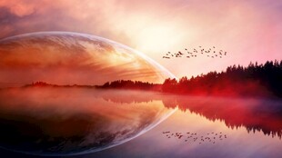 湖畔黄昏落日美景