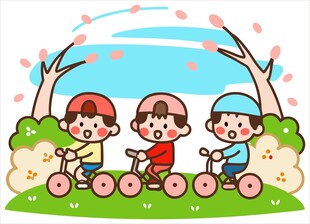 春日孩童骑车郊游卡通插画背景
