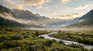 山间河谷晨雾风光
