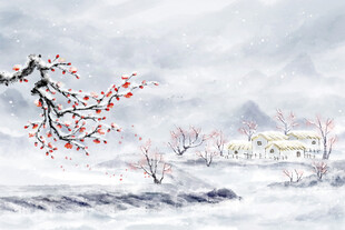 冬雪红梅水墨风景