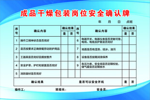 成品干燥包装岗位安全确认牌