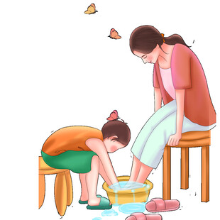 小女孩给妈妈洗脚插画