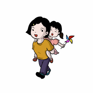 妈妈背小女孩出游