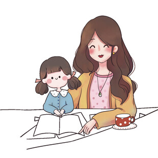 母女共读温馨插画