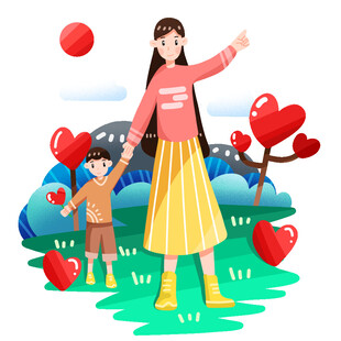 母子户外温馨牵手插画