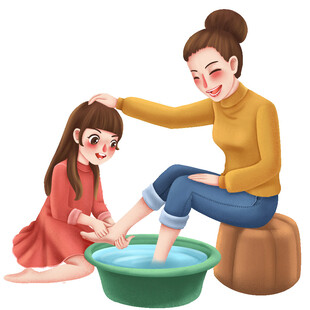 小女孩给妈妈洗脚插画