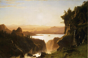 夕照山湖风景油画