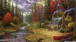 秋林河畔小屋风景油画